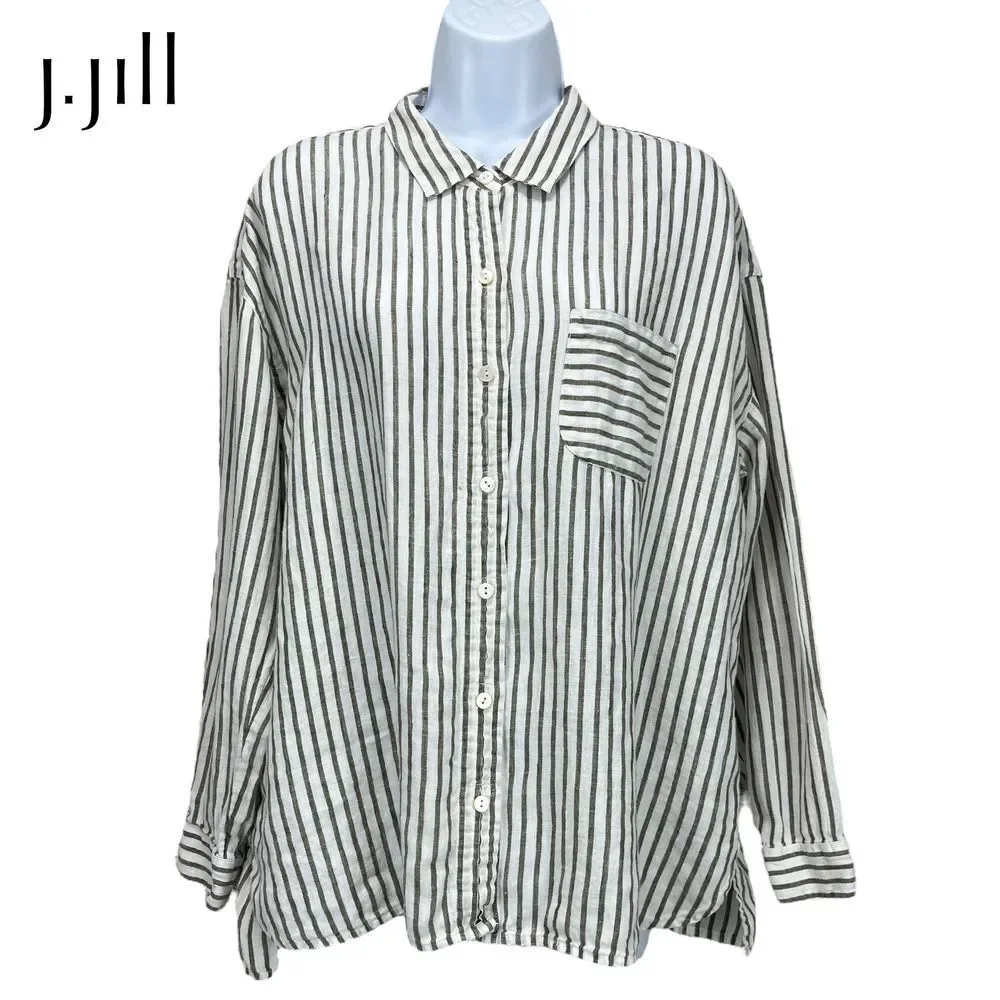 J. Jill Women's XL Petite Love Linen White/Gray Striped Long‎ Sleeve Shirt